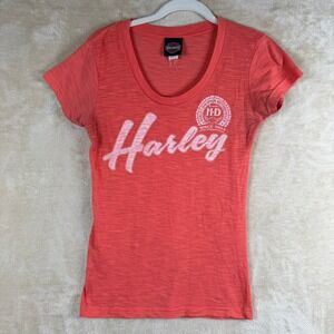 Harley Davidson Daytona Beach Florida Graphic T-Shirt Coral Pink Womens Small
